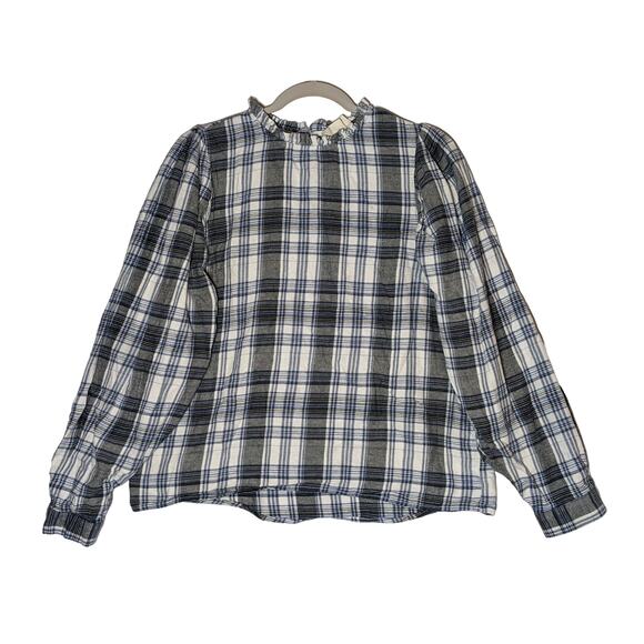 Universal Thread Plaid Flannel Shirt Medium Blue Gray Ruffle Neck Long Sleeves - Picture 1 of 9